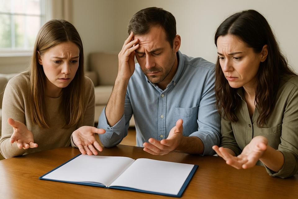 Family struggling to read documents at the kitchen table