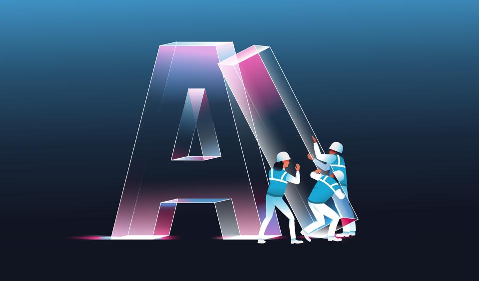 Team of engineers installing giant letters AI