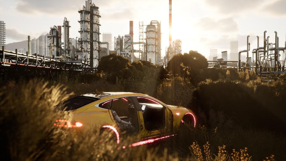 Yellow car with open doors, bright tail lights in the brush next to an industrial-looking city