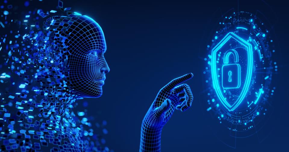 Human Digital Avatar as a Symbol of AI presses a virtual button on screen with Shield icon. Cyber Security and Data Protection Concept