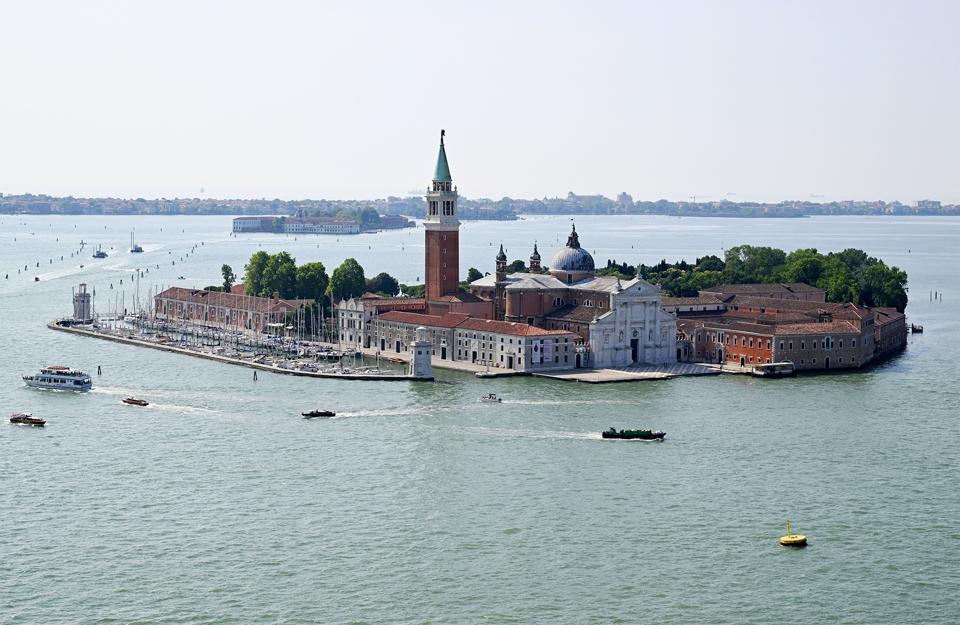 Topshot photo view of the island of San Giorgio Maggiore, in Venice lagoon, northern Italy.