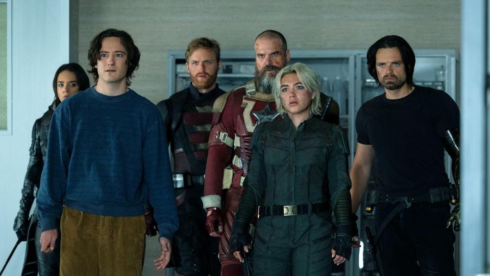 Hannah John-Kamen, Lewis Pullman, Wyatt Russell, David Harbour, Florence Pugh and Sebastian Stan in "Thunderbolts*."