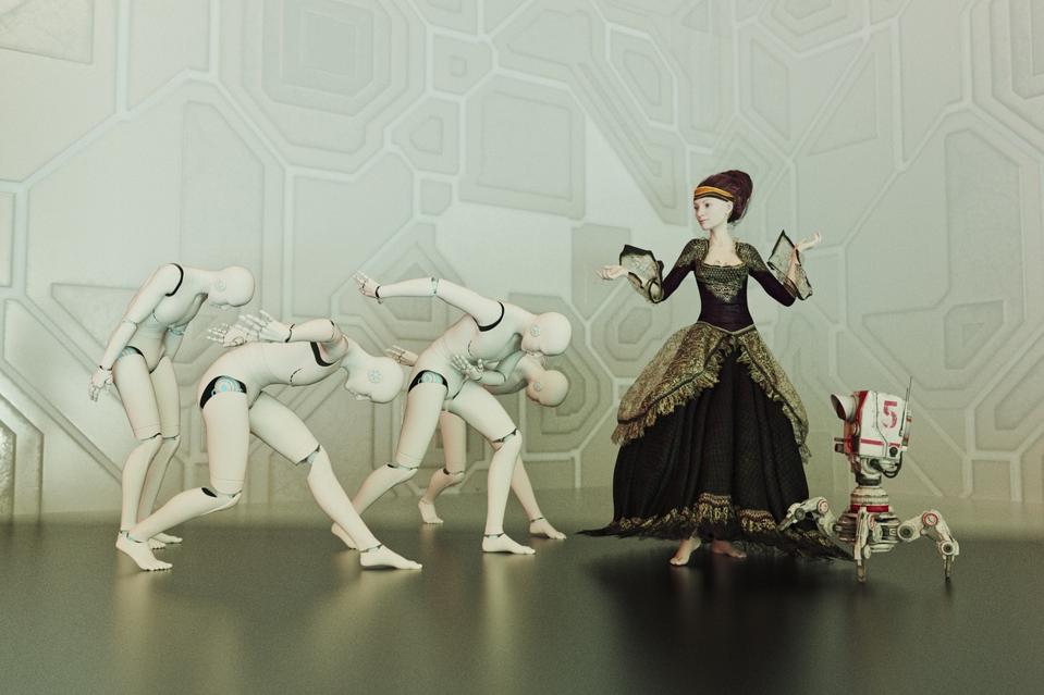 Futuristic elite woman wearing ornate gown with servant robots bowing before her