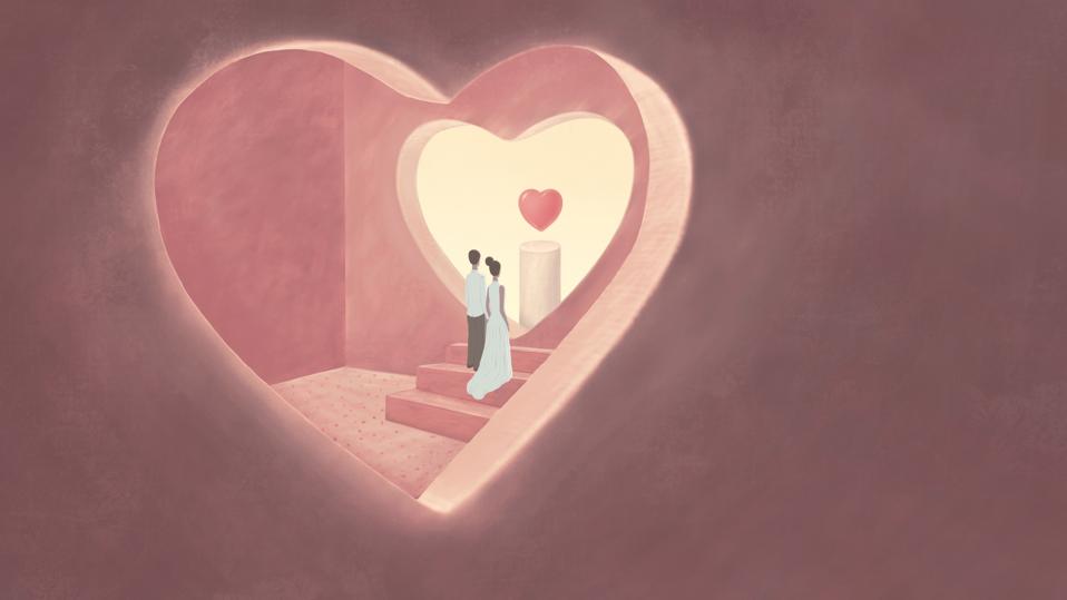 Couple in love and a window of heart. Concept art of wedding, and Valentine's day. Conceptual 3d illustration. minimal artwork.