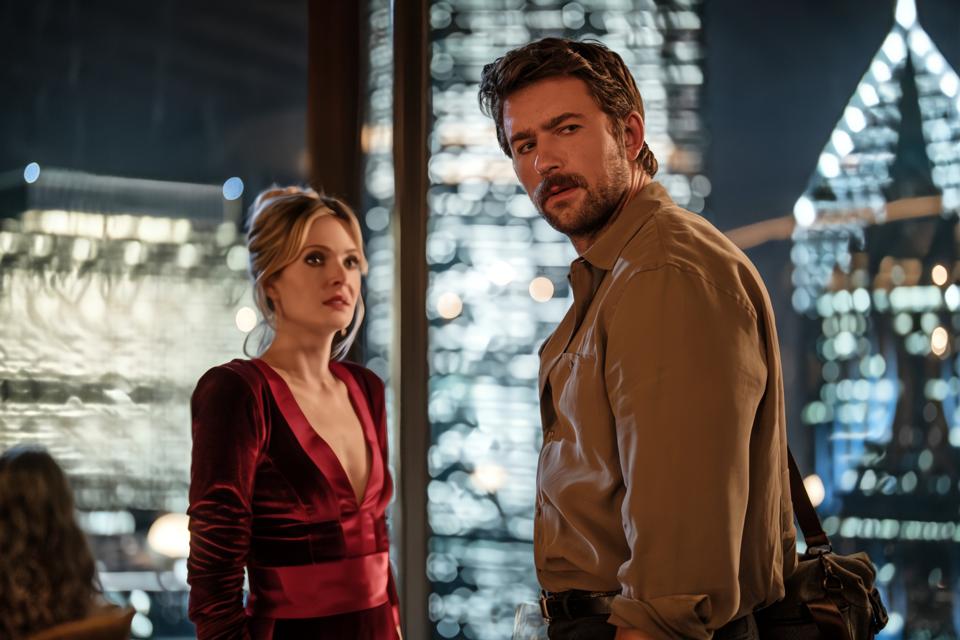 Meghann Fahy and Brandon Sklenar in "Drop."