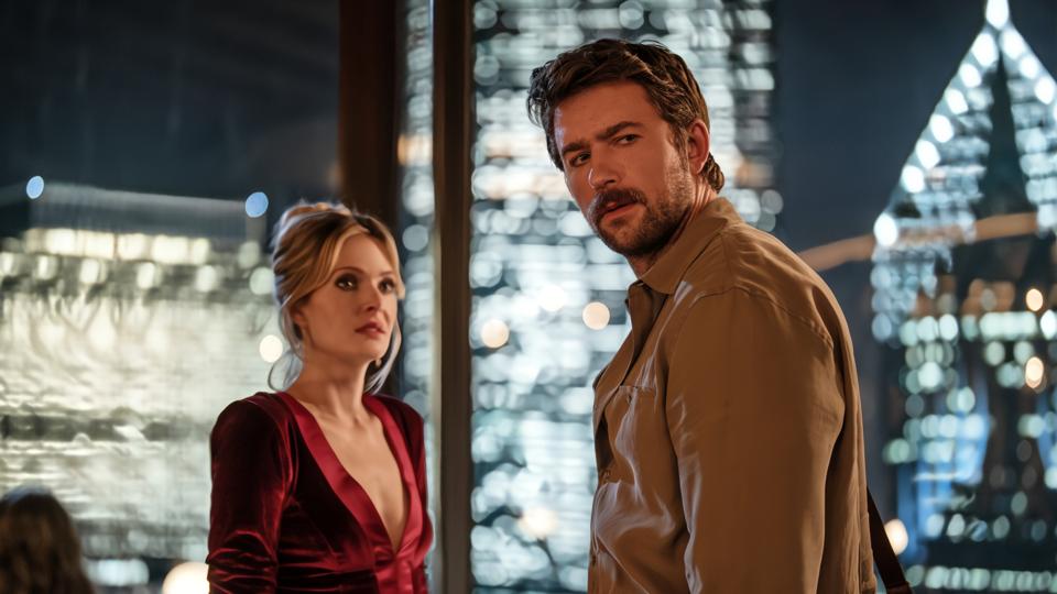 Meghann Fahy and Brandon Sklenar in "Drop."