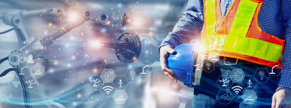 Industry engineer construction,using smart tablet,control automation robot arm machine intelligence operation construction site,concept business industry 4.0,Artificial intelligence or AI,5G network