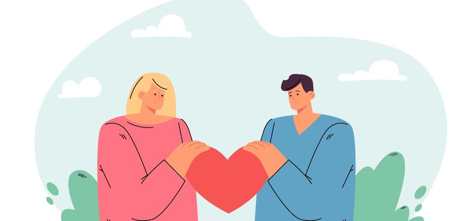 Cartoon man and woman holding one heart together