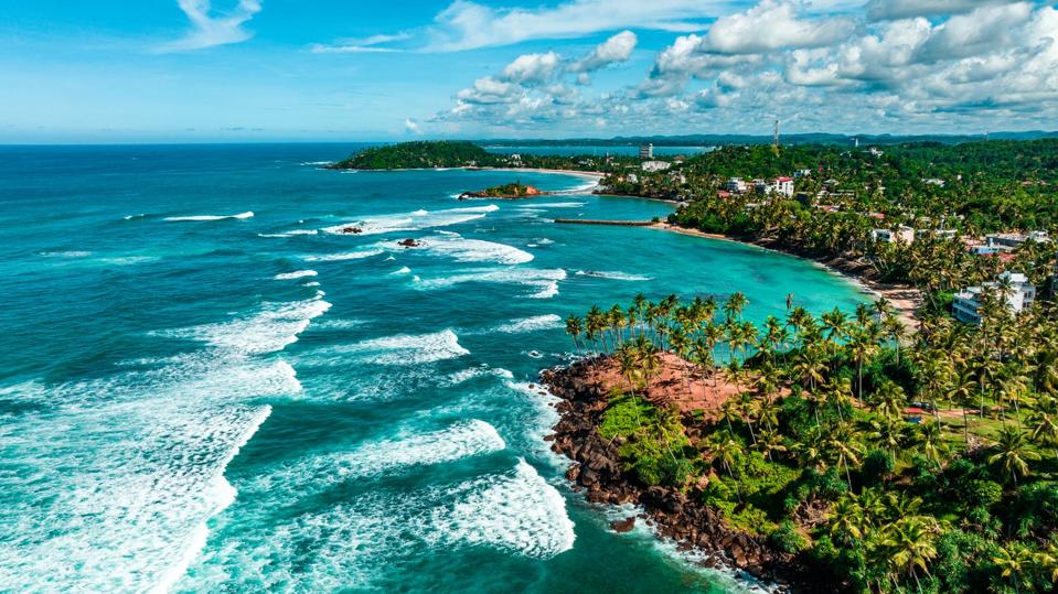An aerial view of a lush, palm tree-covered coast next to crashing waves