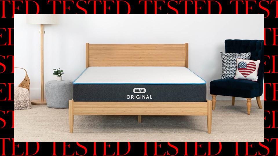 The Bear Original Mattress on a wooden bed frame.