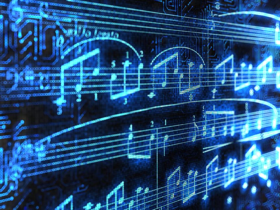 Image of glowing light blue music notes against a black background