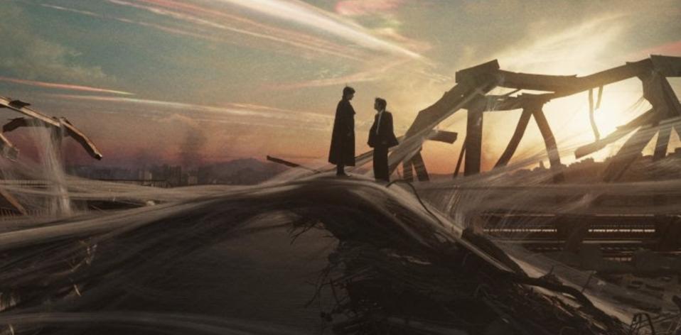 Two men speak on a surreal landscape.