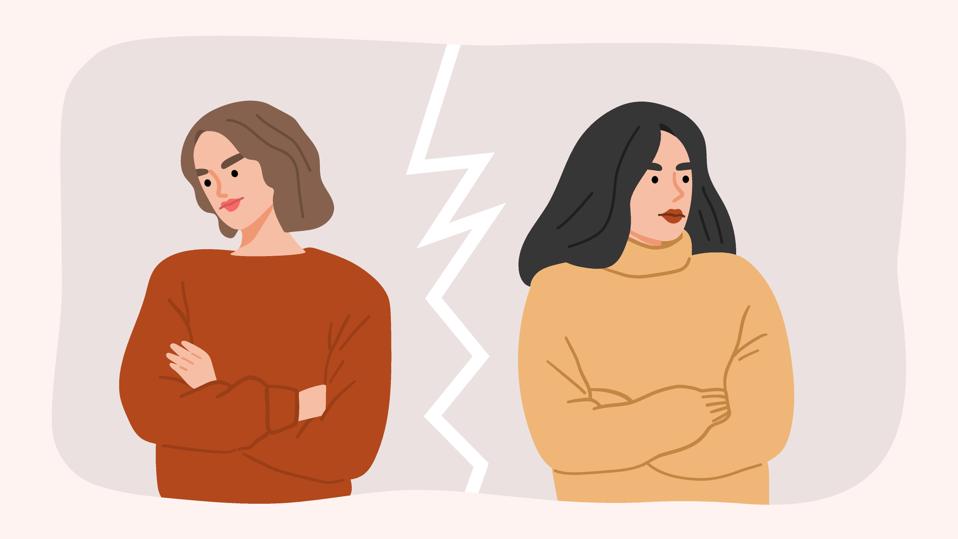 Upset and angry people in a quarrel. Two young women are offended by each other. A split in a relationship. Lost friendship. Vector hand drawn illustration in flat cartoon style.