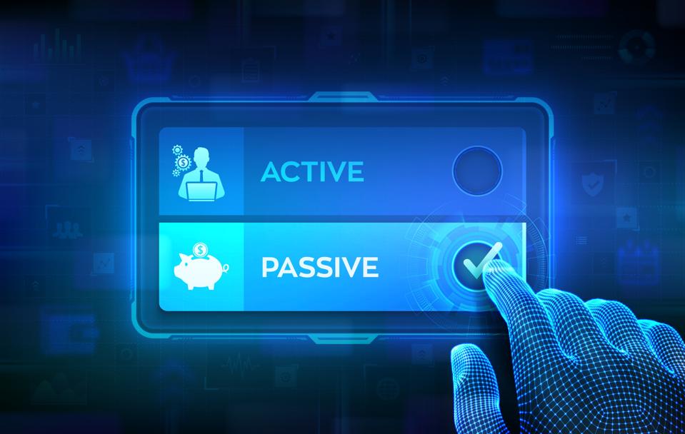 Active or Passive. Making decision. Passive income compare with active income earned through effort or output. Hand on virtual touch screen ticking the check mark on Passive button. Vector.