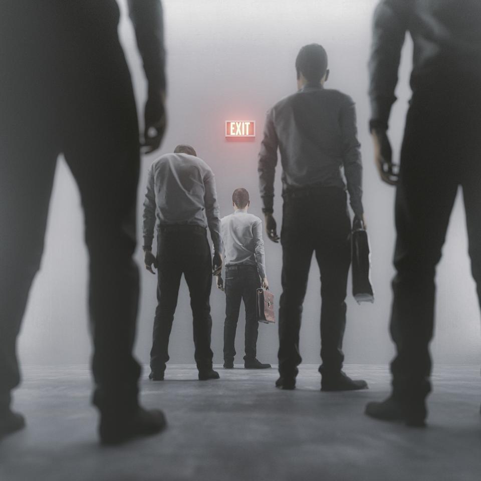 Tired businessmen trying to get out