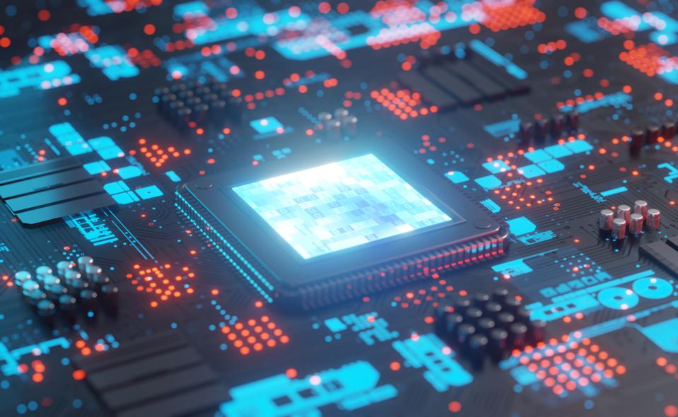 Chipset on circuit board for semiconductor industry, 3d rendering