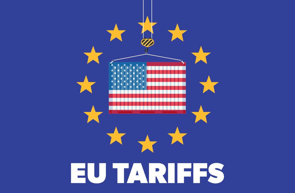 EU tariffs imposed on the USA. Container being lifted amid the EU flag, symbolizing tariffs and economic issues.