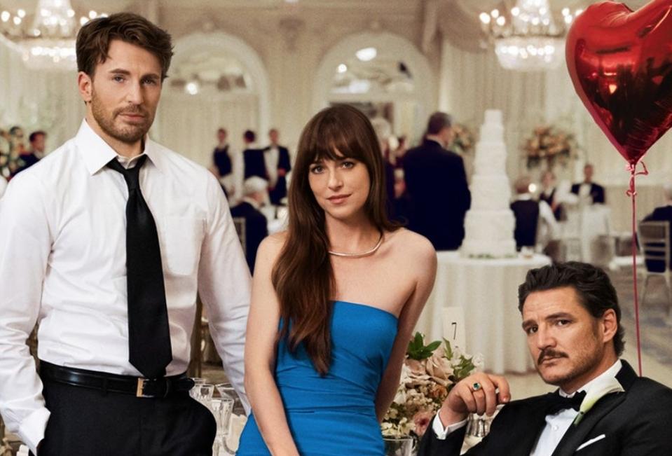 "Materialists" partial poster featuring Chris Evans, Dakota Johnson and Pedro Pascal.