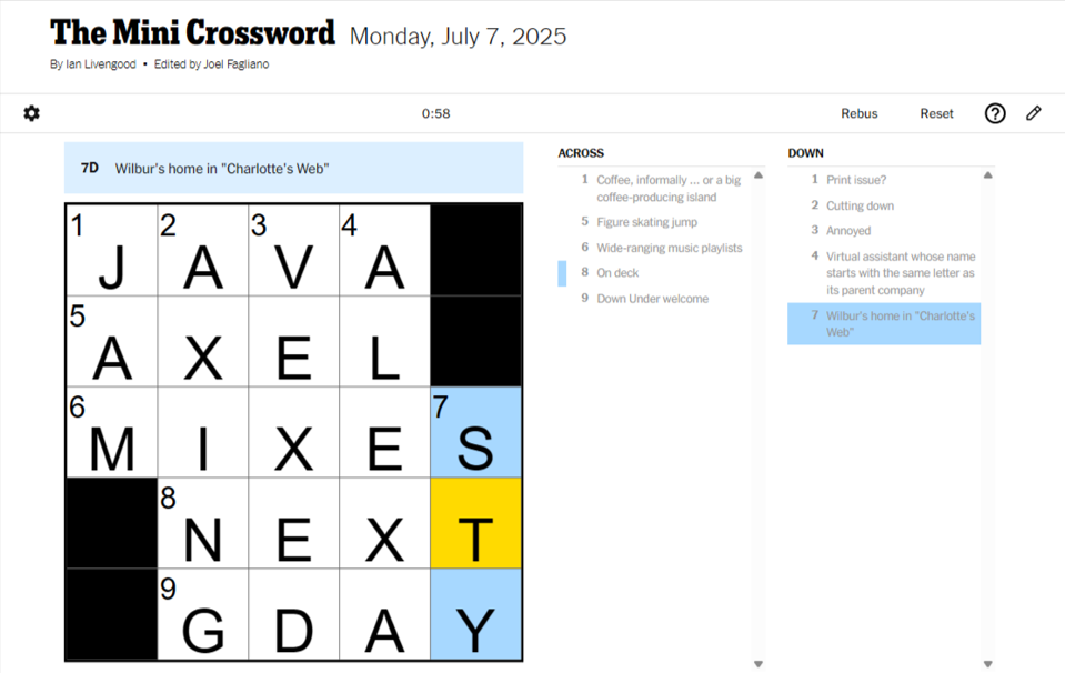 NYT Mini Crossword Monday July 7th