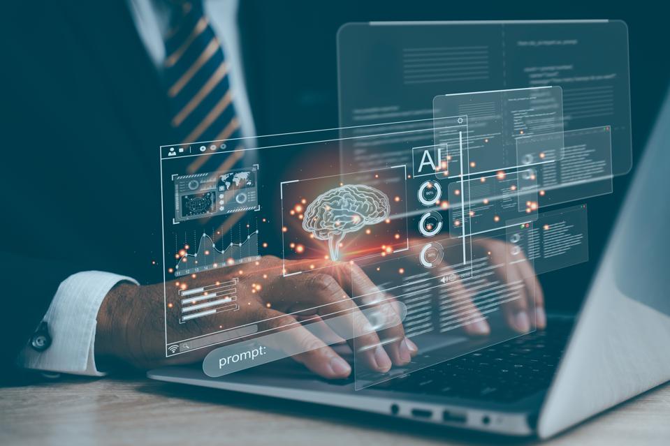 AI,man, business, technology, and data merge in a futuristic scene where a professional analyzes algorithms and virtual insights for smarter decisions and growth