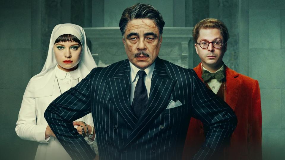 The Phoenician Scheme partial poster featuring Mia Threapleton, Beneicio Del Toro and Michael Cera.