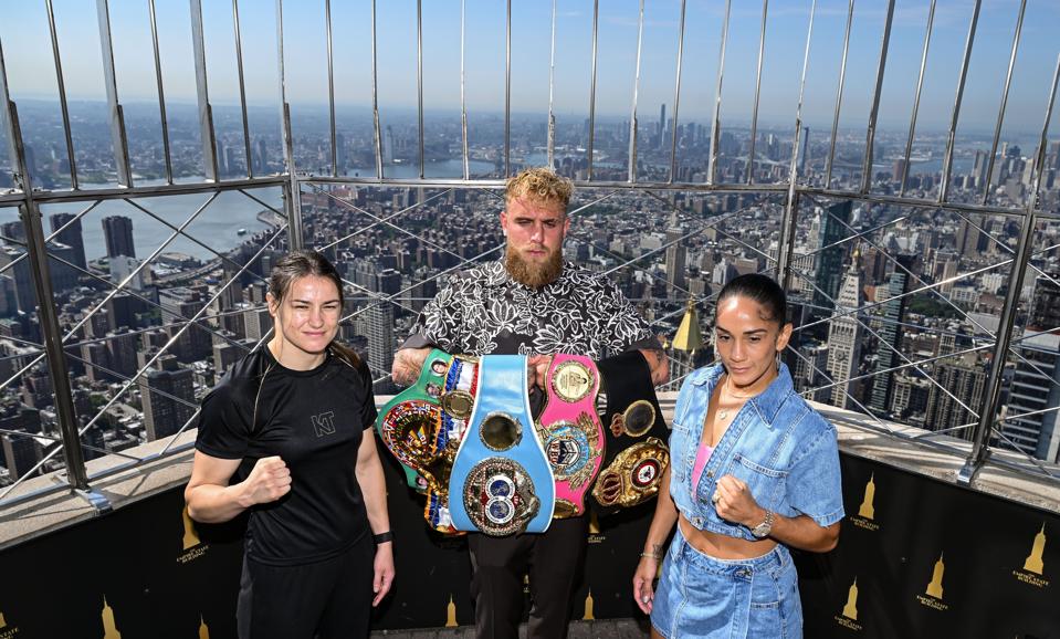 Katie Taylor, left, and Amanda Serrano with Jake Paul, co-Founder of Most Valuable Promotions, kick off Taylor v Serrano 3 fight week ahead of their undisputed super lightweight championship fight that will take place at Madison Square Garden in New York on Friday, 11th July. (Photo By Stephen McCarthy/Sportsfile via Getty Images)