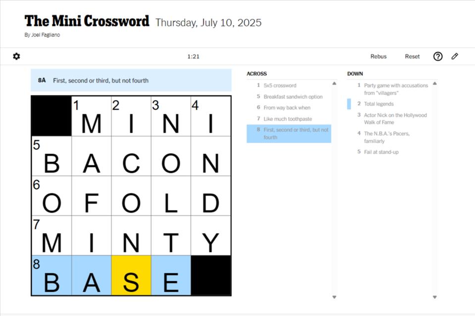 NYT Mini Crossword Thursday July 10th