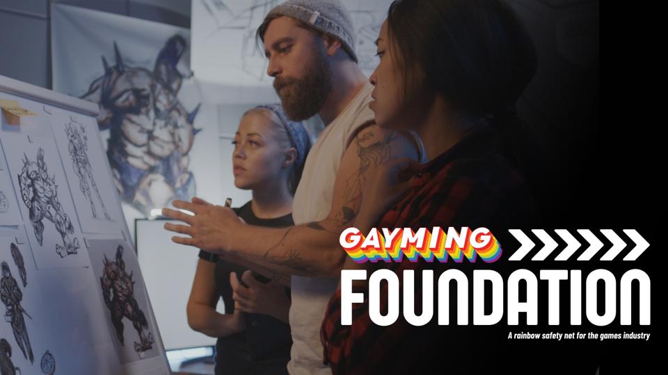 Three creative people stood reviewing character illustrations on a whiteboard with the Gayming Foundation logo in the bottom right, with the subtitle "a rainbow safety net for the games industry"