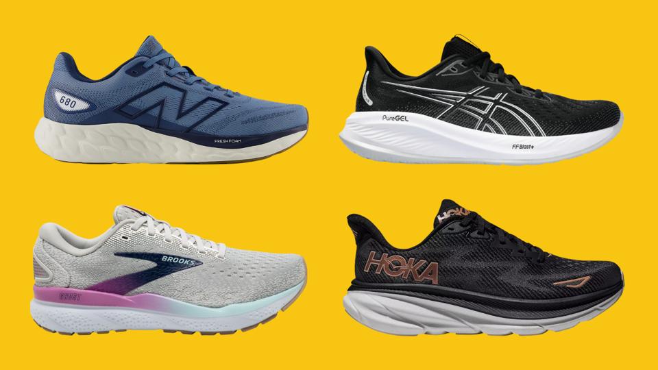 Four running shoes on a yellow background