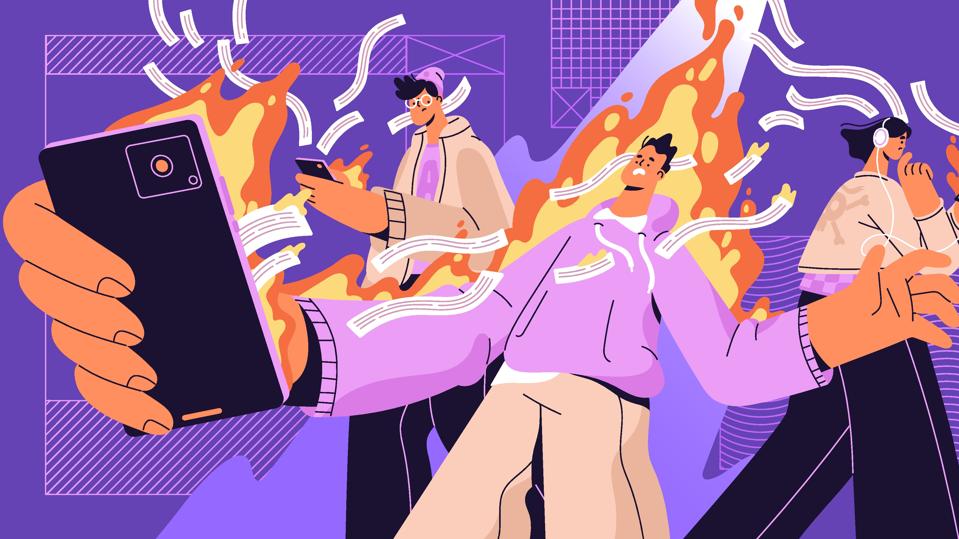 Concept of doomscrolling. People with phone addiction spend lots time online. Problems of endless surfing internet by smartphone. Reading bad news, scrolling social networks. Flat vector illustration