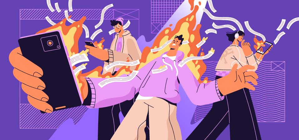 Concept of doomscrolling. People with phone addiction spend lots time online. Problems of endless surfing internet by smartphone. Reading bad news, scrolling social networks. Flat vector illustration