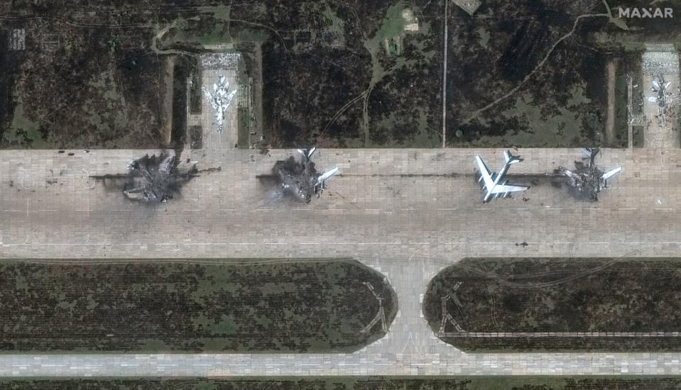Satellite image shows several Russian bombers destroyed in a precise airbase strike.