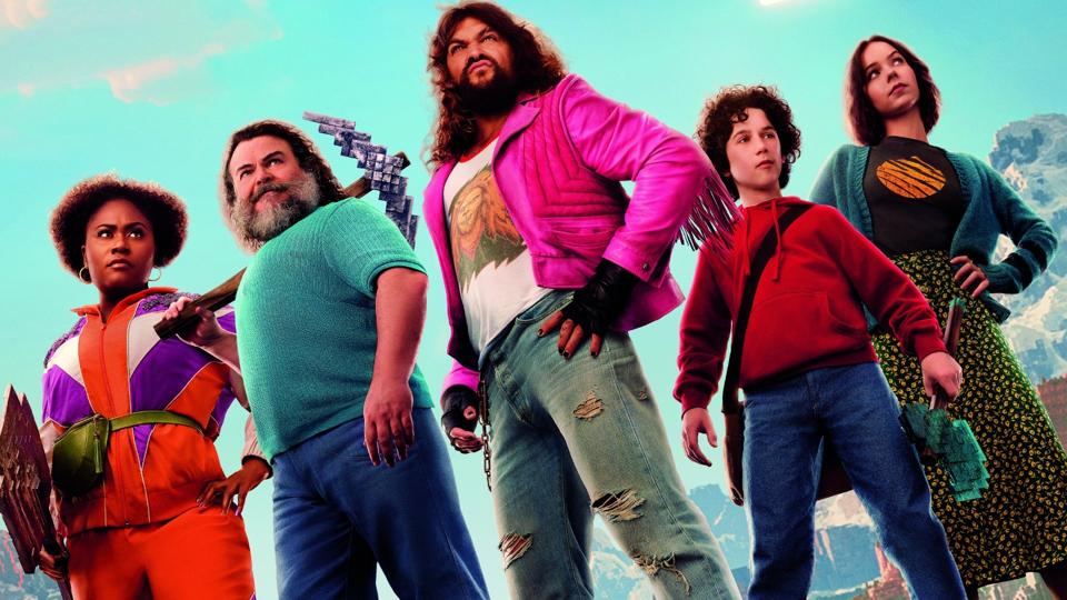 "A Minecraft Movie" partial poster featuring Danielle Brooks, Jack Black, Jason Momoa, Sebastian Hansen and Emma Myers.