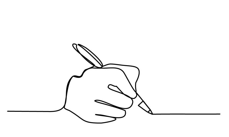 Hand with Pen a Person writes on paper Record Write a Letter sign an agreement Contract Continuous Line drawing on white isolated vector trendy illustration
