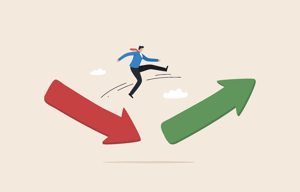 Illustration of a person leaping from a downward red arrow to an upward green arrow, symbolizing a career transition from decline to growth.