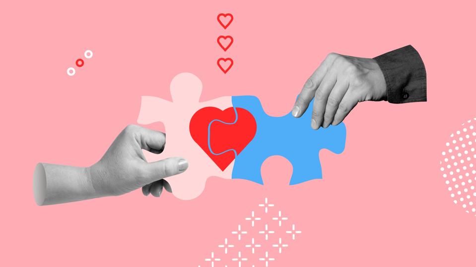 Love, family reunion, relationship concept. Hands with connected puzzle pieces with heart image. Minimalist art collage