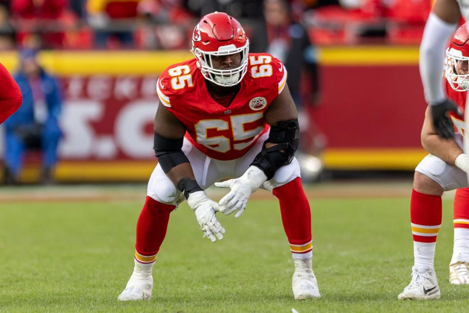 Trey Smith takes his stance along the offensive line.