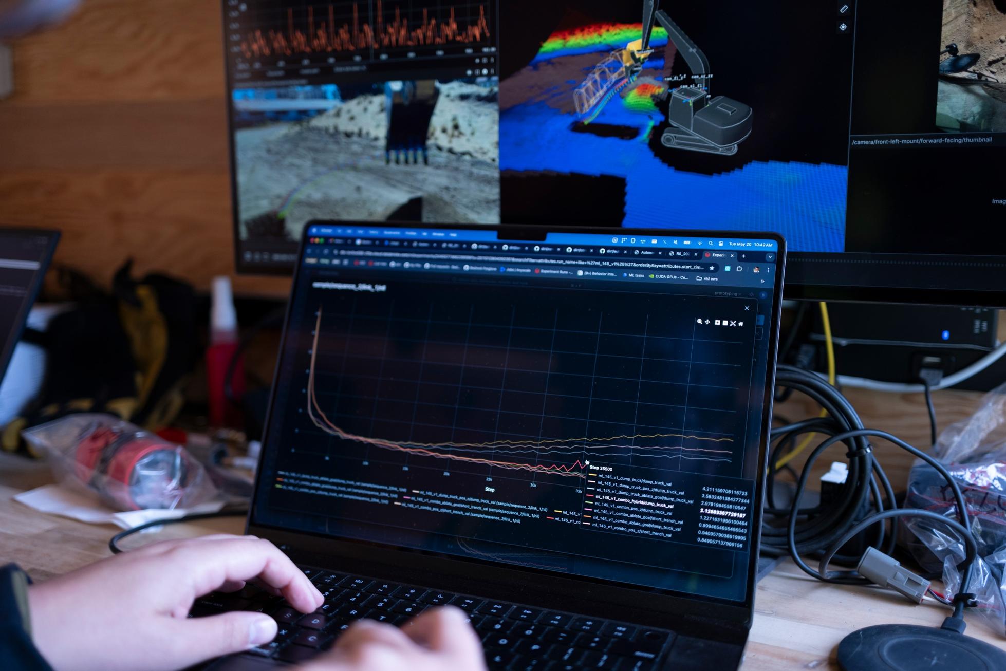 Workspace of Bedrock Robotics employee with 3D renderings on a monitor