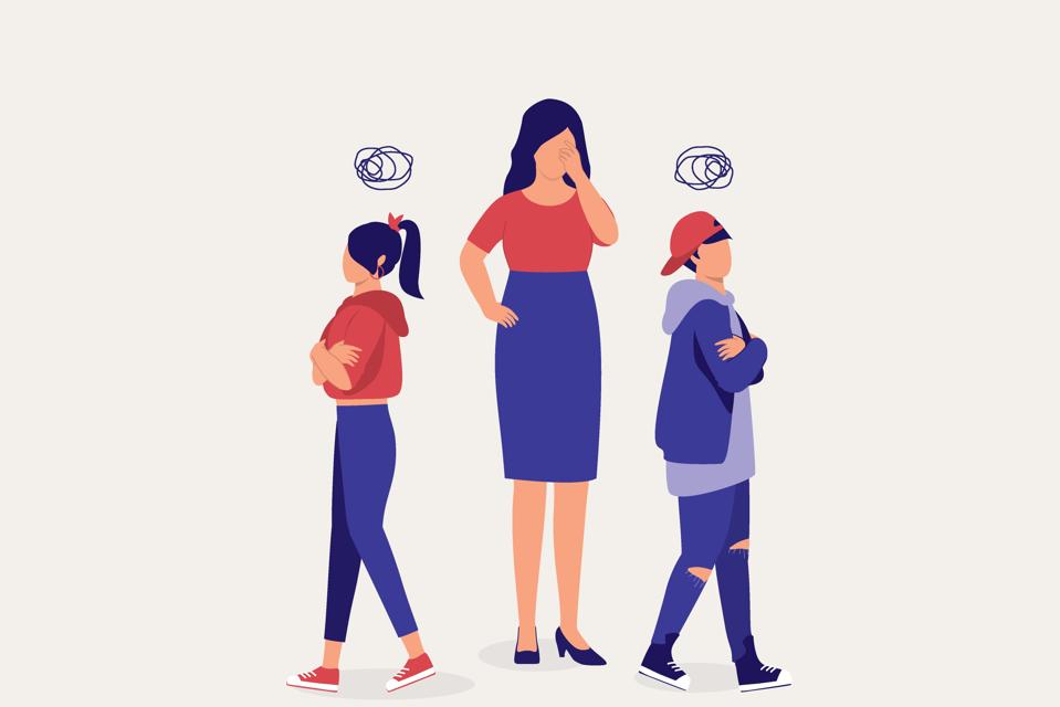 Headache Mother Unsure How To Settle Fights Among Her Children. Sibling Rivalry. Disagreement. Misunderstanding. Argument. Rebellious.