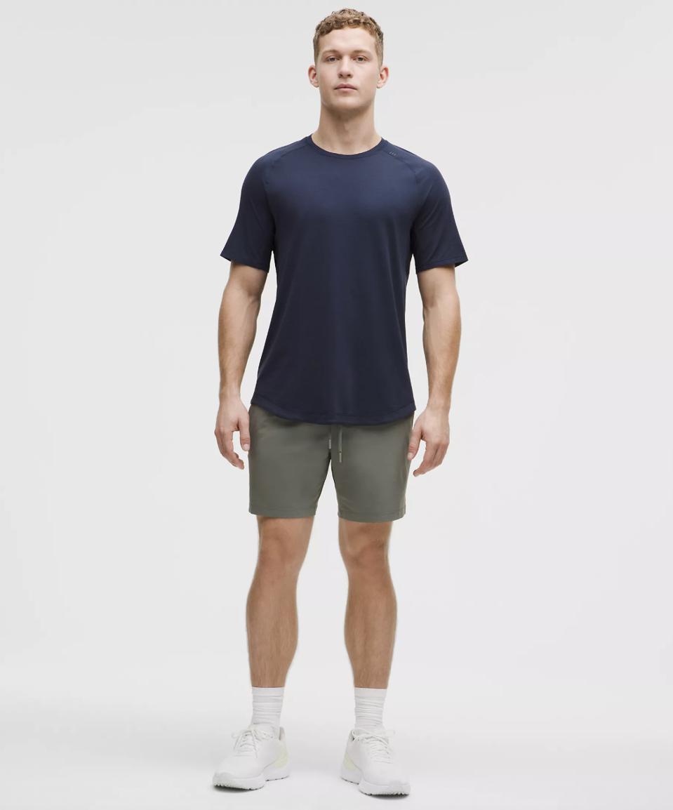 Model wearing Lululemon Zeroed In Linerless Short in Grey Sage,