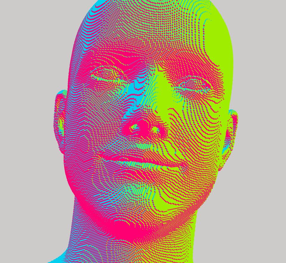 Portrait of smiling man. Abstract digital human head constructing from cubes. Technology and robotics concept. Voxel art. 3D vector illustration for presentations, flyers or posters.