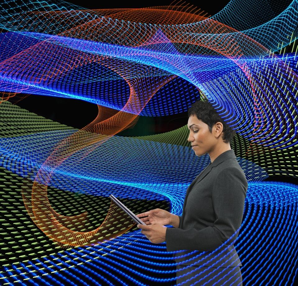 A skilled woman with digital wave AI tablets that symbolizes her future career