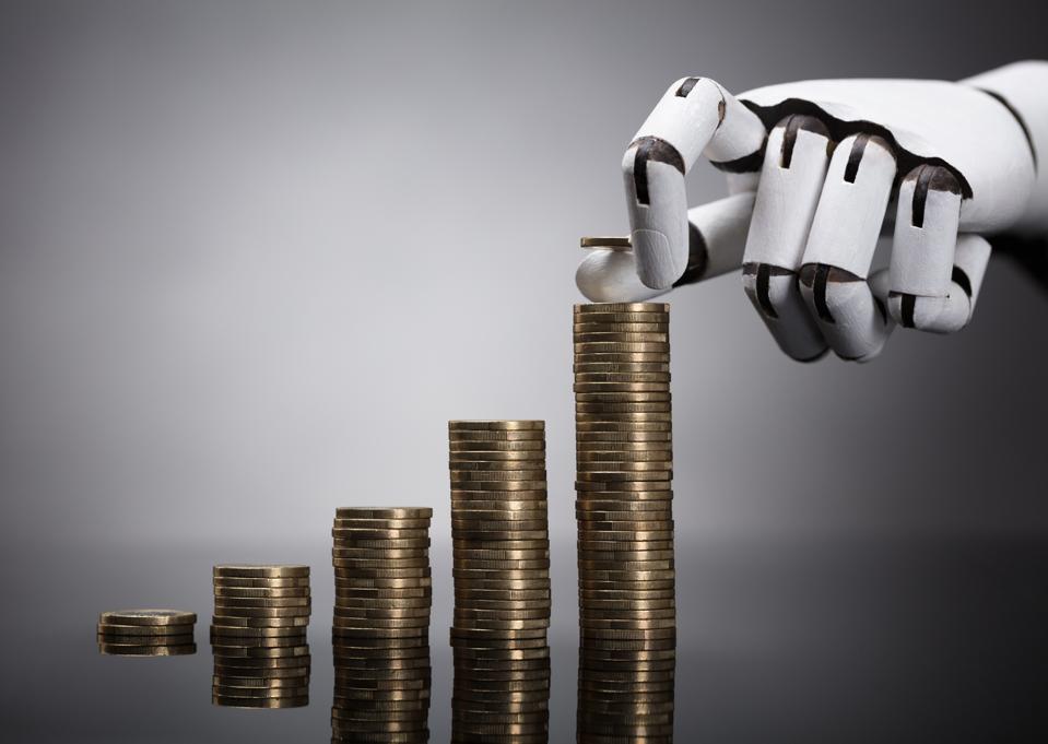 AI hand stacks coins, showing how ChatGPT prompts help scale a high-paying side hustle.