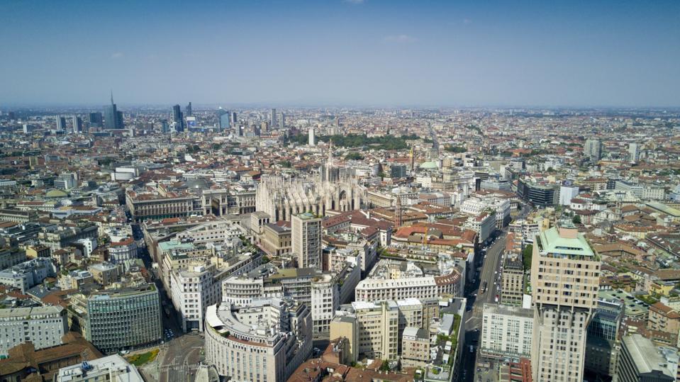 Aerial photo shooting with drone on Milan Center