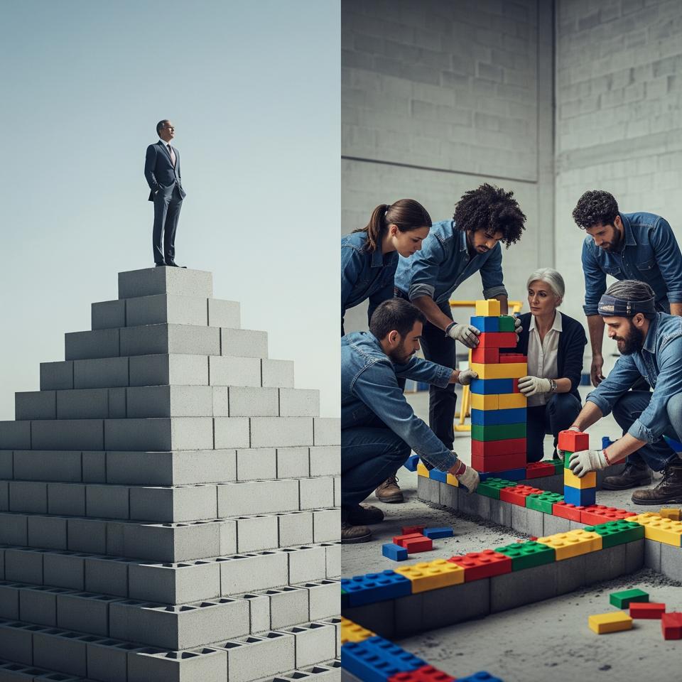 Executive standing on pile of bricks without and other people compared to a team building from the ground-up