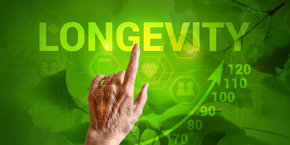 Hand of elderly woman points to inscription Longevity against background of icons, age-increasing graphics and ginkgo biloba leaves