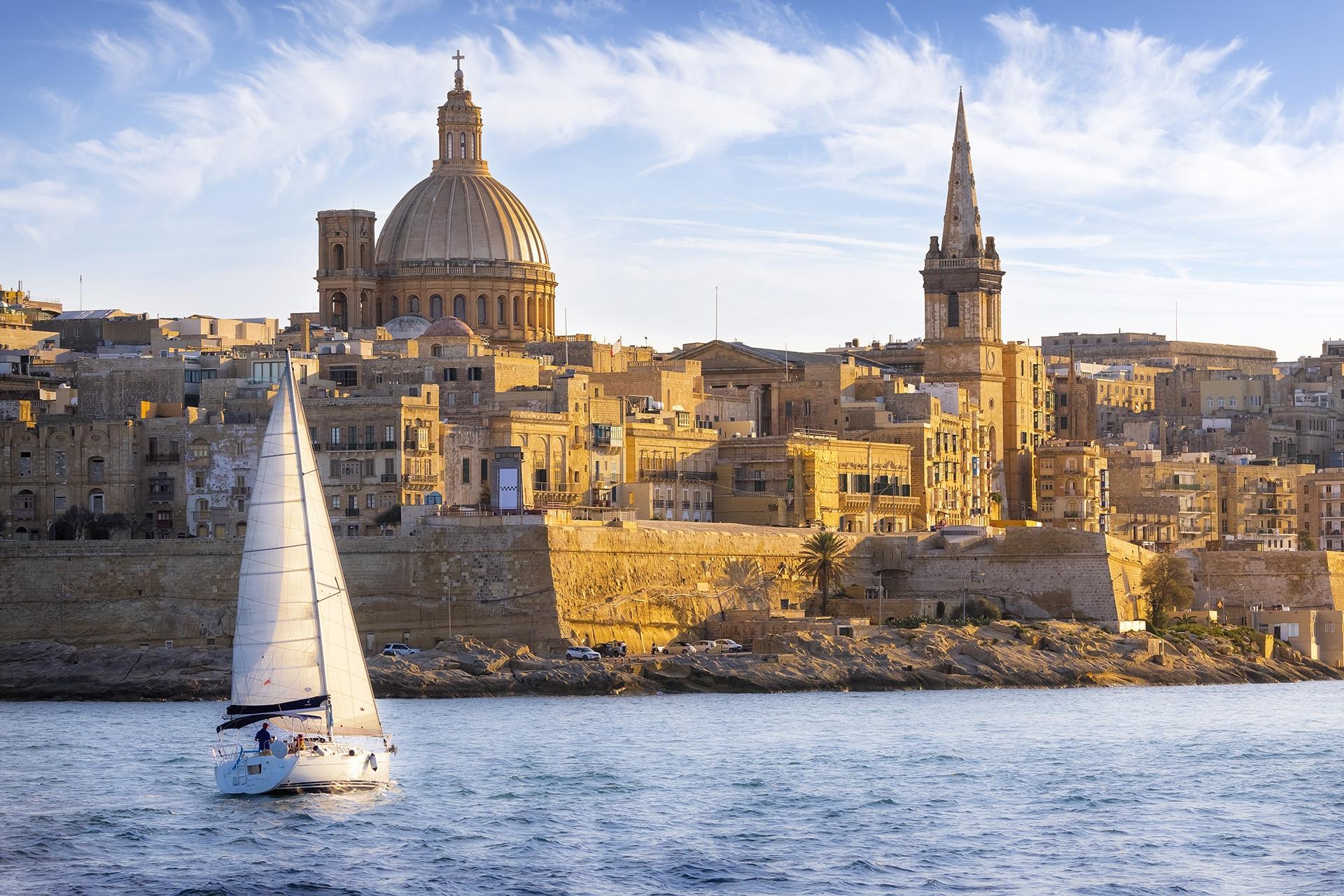 Marsamxett Harbour and Valletta with Cathedral of Saint Paul Malta by E plus-Getty Images