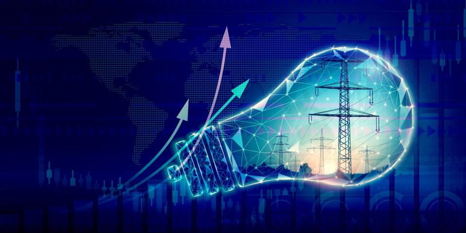 Symbolic light bulb with high-voltage power lines and ascending arrows on blue background for design on theme of energy industry, global energy crisis with rise in cost of energy carriers, inflation.