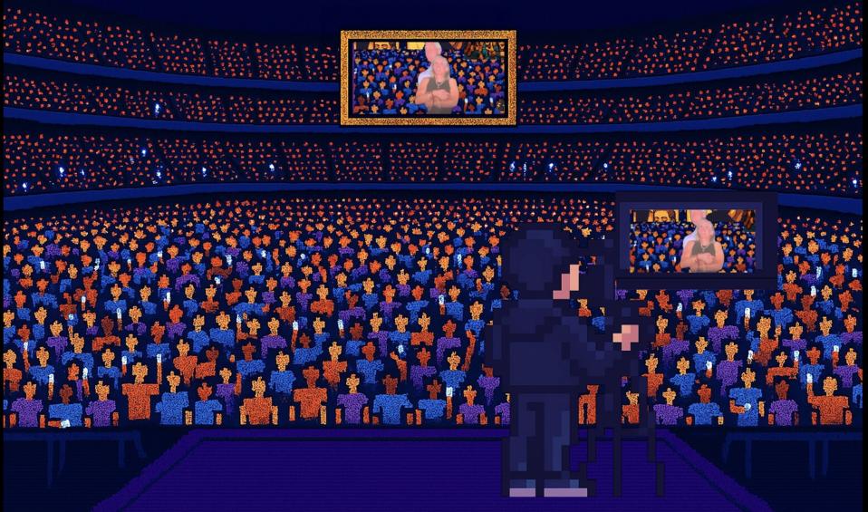 Screenshot from a 16-bit style retro video game shows a musician on stage on front of a crowd