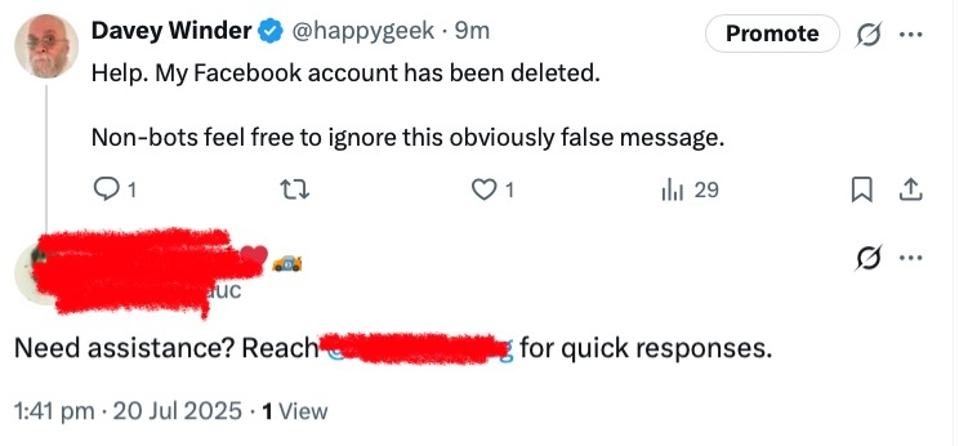 The first bot to strike was within minutes of posting —despite the disclaimer saying it was a fake request. 